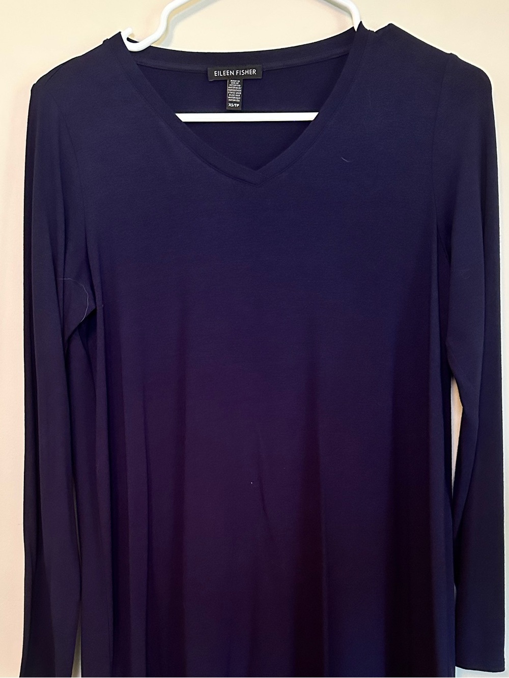 Eileen Fisher Navy ¾ Sleeve V-Neck Stretchy Dress Size XS Classic Coastal Chic